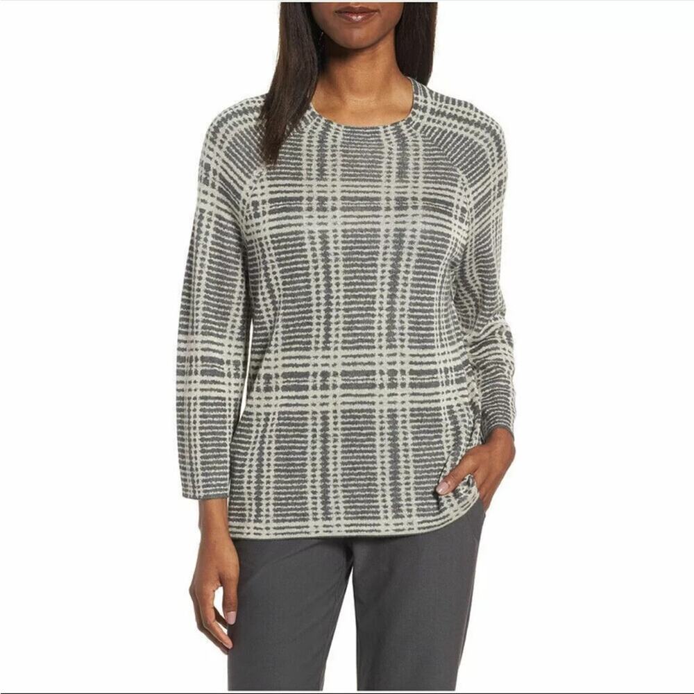 EILEEN FISHER Ash Gray Sleek Tencel Merino Wool Plaid Knit Boxy Sweater Large‎